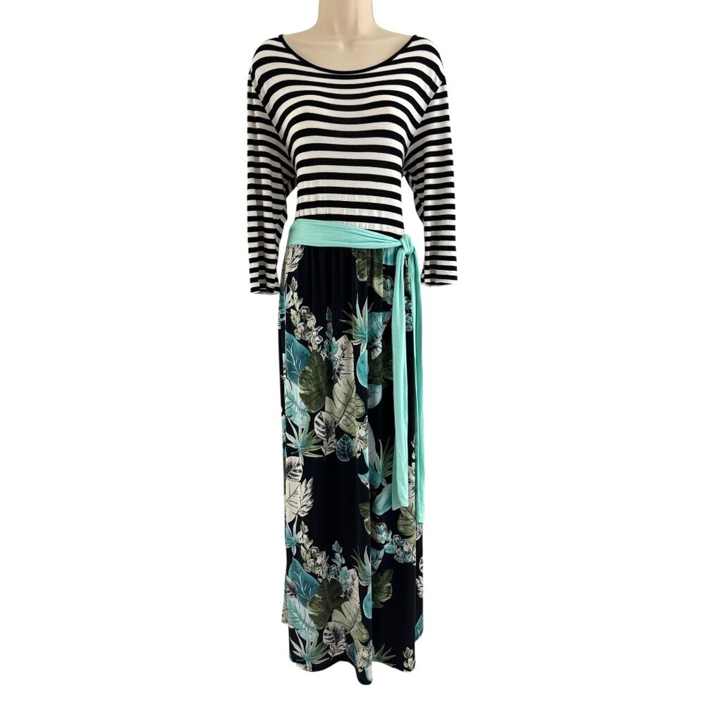Striped Top Palm Print Maxi Dress w/Attached Sash Tie Size 3XL Tropical Plus Sz